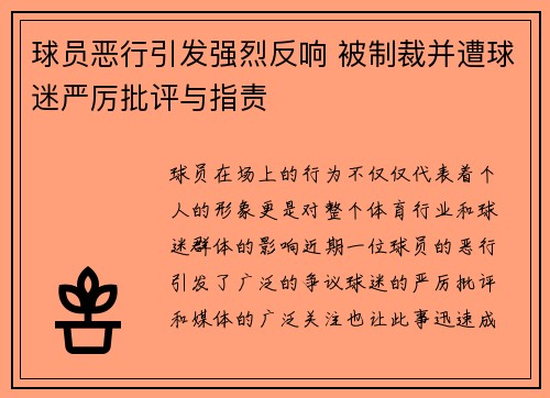 球员恶行引发强烈反响 被制裁并遭球迷严厉批评与指责 球员恶行引发强烈反响 被制裁并遭球迷严厉批评与指责