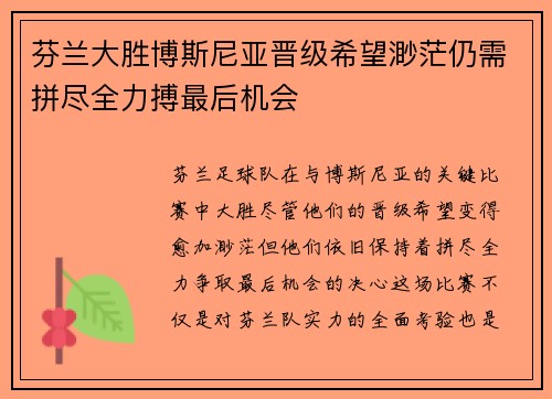 芬兰大胜博斯尼亚晋级希望渺茫仍需拼尽全力搏最后机会