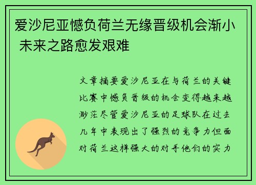 爱沙尼亚憾负荷兰无缘晋级机会渐小 未来之路愈发艰难 爱沙尼亚憾负荷兰无缘晋级机会渐小 未来之路愈发艰难