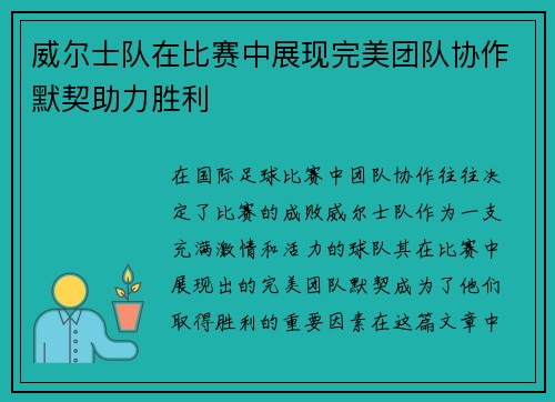 威尔士队在比赛中展现完美团队协作默契助力胜利 威尔士队在比赛中展现完美团队协作默契助力胜利